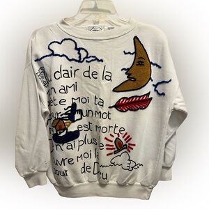 Vintage White Crewneck Sweater with Multicolor Embroidered Moon & Script